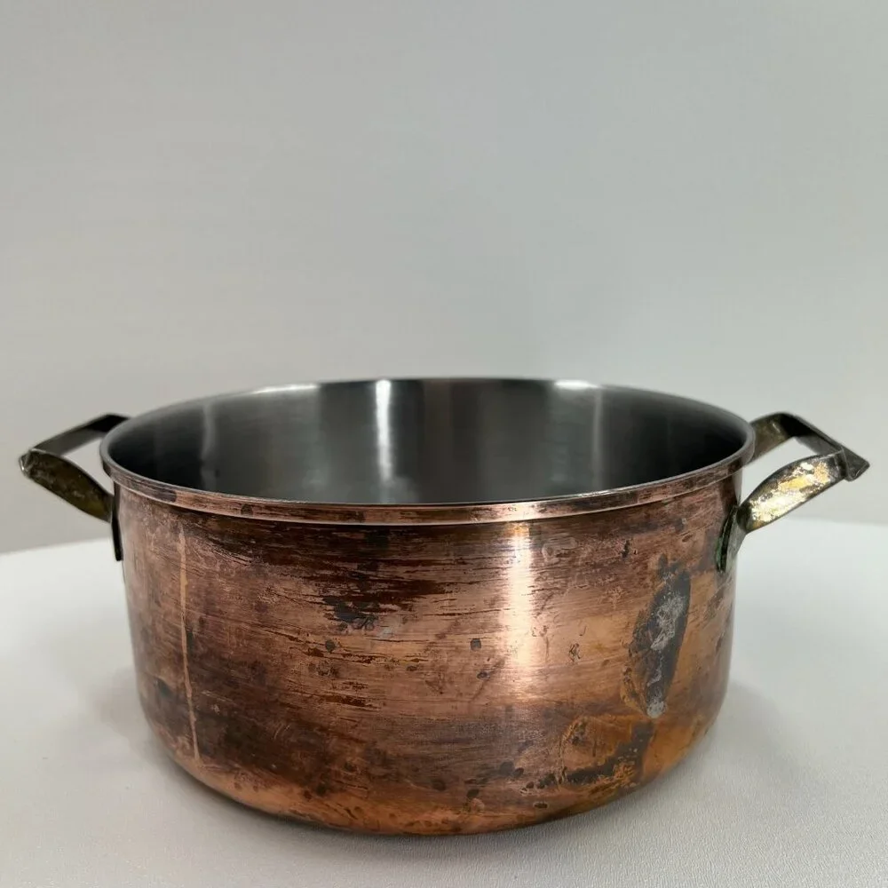 Vintage Copper Pot Stainless Steel Lined 9" Casserole Dual Brass Handles - Picture 1 of 11